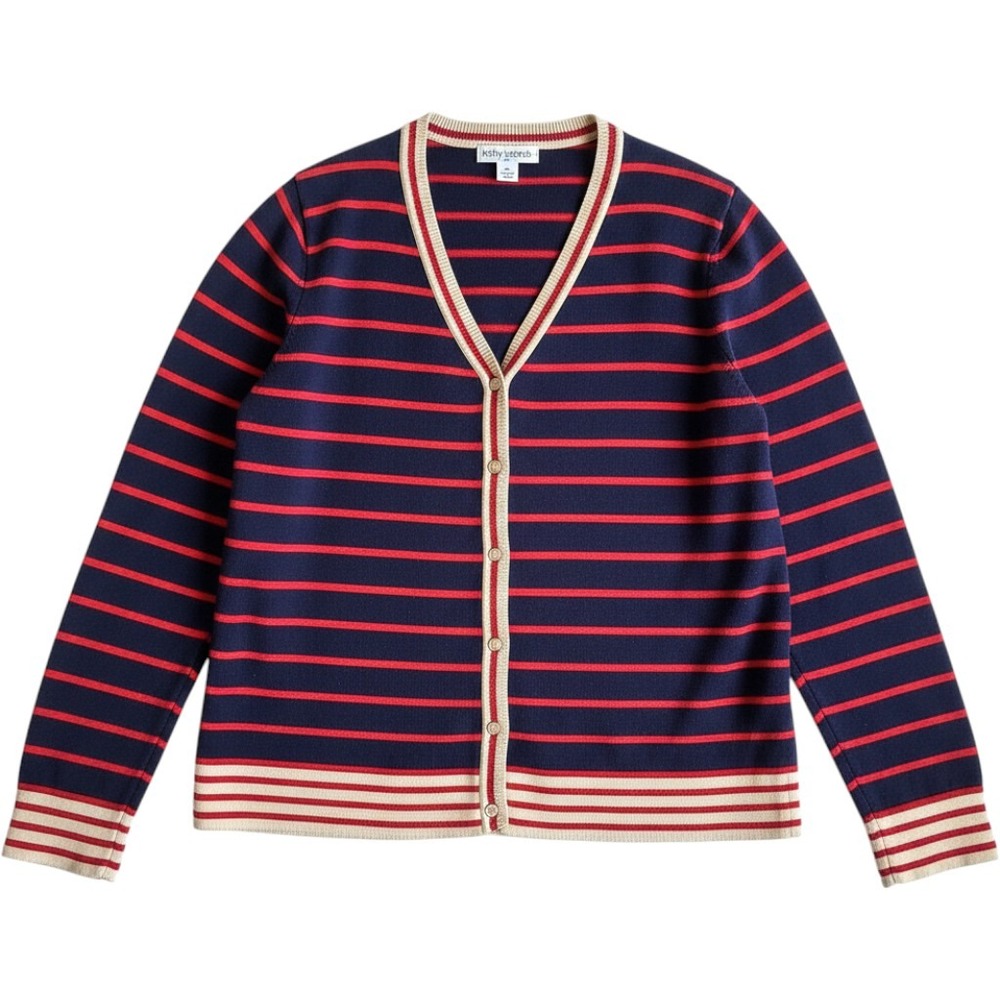 Kathy Ireland Navy Blue Red Striped‎ Cotton Cardigan Sweater XL V-Neck Nautical